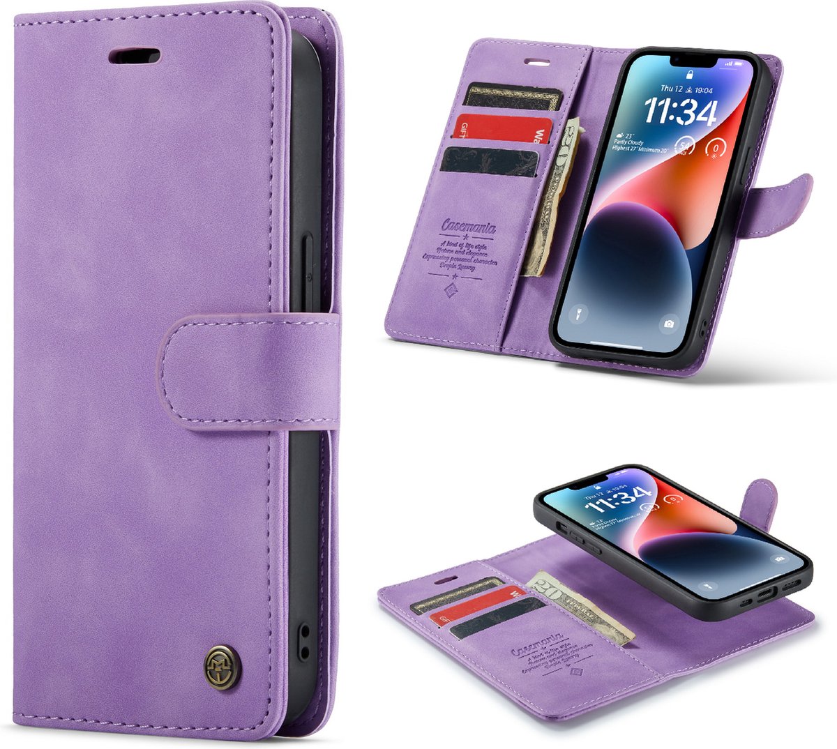 Casemania Hoesje Geschikt voor Apple iPhone 14 Bright Lila - 2 in 1 Magnetic Book Case