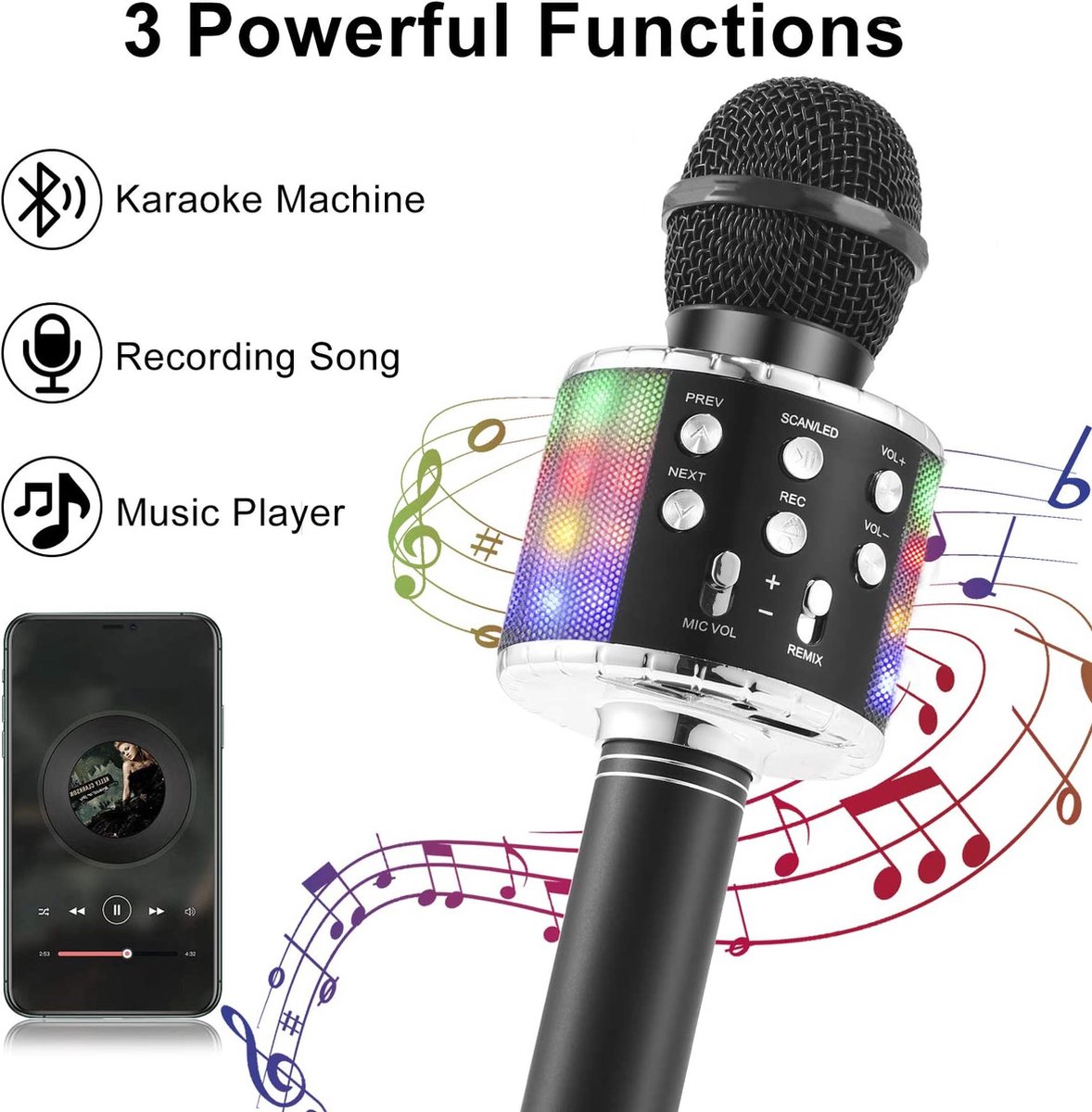 Fede Microphone de karaoké Bluetooth sans fil avec lumière LED multicolore