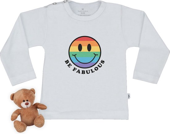 Baby t shirt met print - Smiley 'Ben geweldig'- Wit - Lange mouw - maat 50/56.