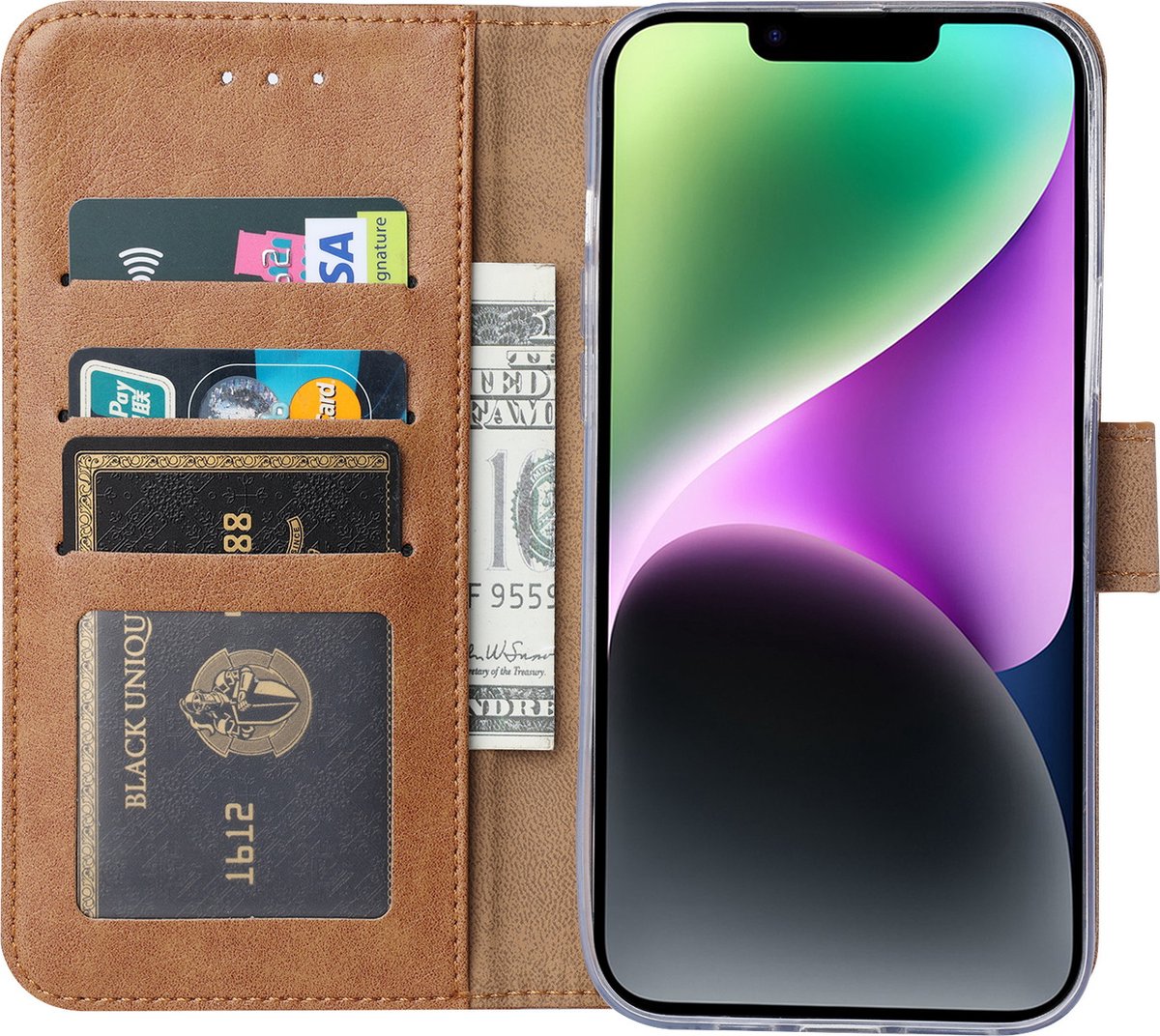 BixB bookcase iPhone 14 hoesje met pasjeshouder Wallet case booktype - Bruin