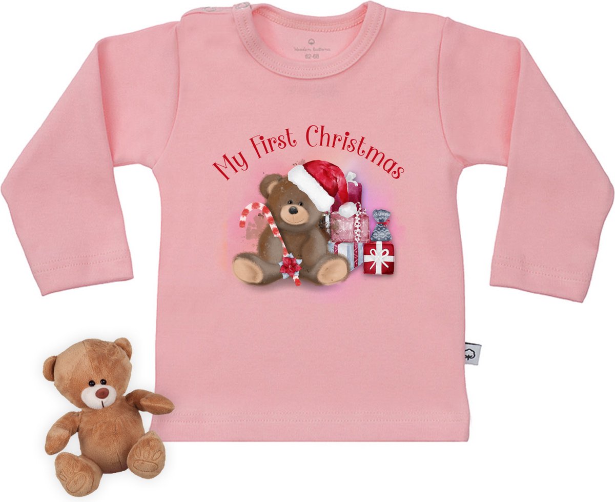 Baby t shirt met print 'Mijn eerste Kerstmis' - roze - lange mouw - maat 62