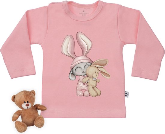 Wooden Buttons - T-shirt Bébé manches longues avec imprimé - Lapin avec illustration lapin - Tailles 50 à 86 - Chemise couleur rose bébé.