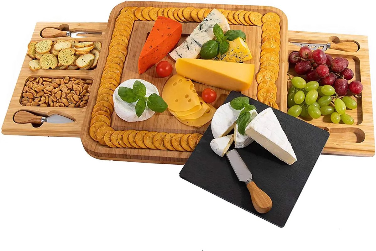 Borrelplank Bamboe - Kaasplank Met 4 Messen - Tapasplank Uitschuifbaar - Serveerplank Hout - Kaasplank Met Kaasmesjes - dienblad - Keramische Plaat — cadeau in Kookcadeaus - foto 7