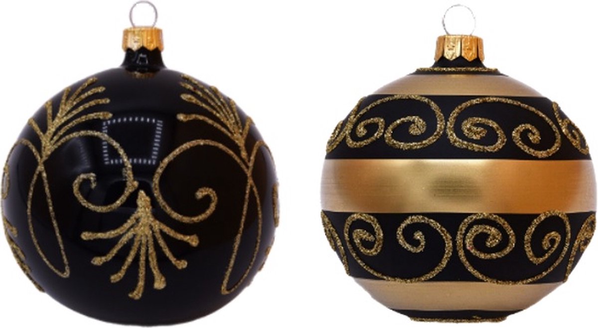 Zwarte Kerstballen met Gouden Glitter Decoratie - Strepen en Krullen - Doosje met 6 glazen kerstballen
