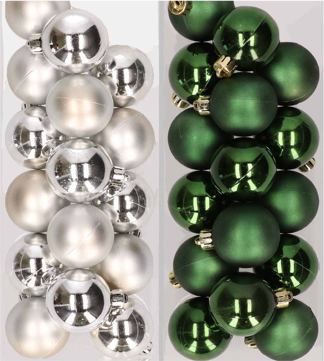 32x stuks kunststof kerstballen mix van zilver en donkergroen 4 cm - Kerstversiering