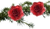 Kerstboom bloemen op clip - 2x stuks - rood - kunststof - 14 cm