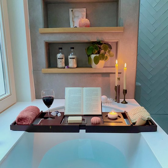 Luxe bamboe badplank voor in bad - Uitschuifbaar (geschikt voor elk bad) - Telefoonhouder - Tablet/boek houder - Extra zeepbakje - Bruin badrek - Donkere badplank - badbrug