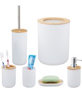 Relaxdays 6-delige badkameraccessoires set bamboe - badkamerset - toilet set - accessoires - wit