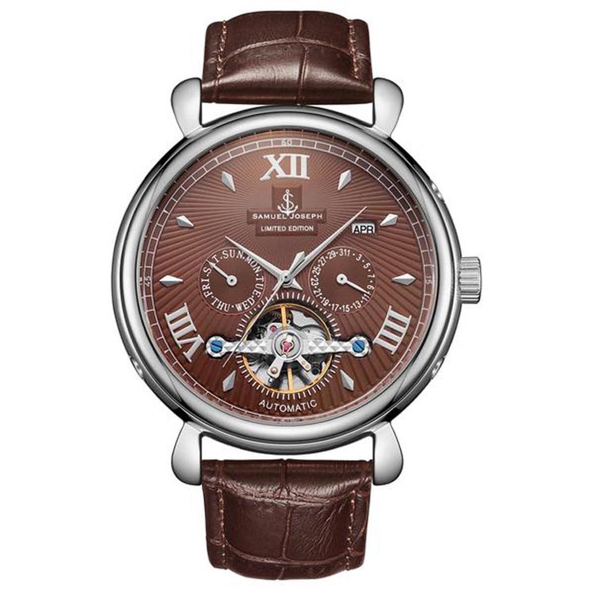 Samuel Joseph Limited Edition staal en bruin automatisch designer herenhorloge - Met de hand geassembleerd