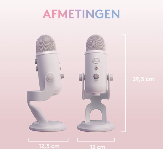 Afmetingen van de witte Blue Yeti microfoon. Tekst: AFMETINGEN.