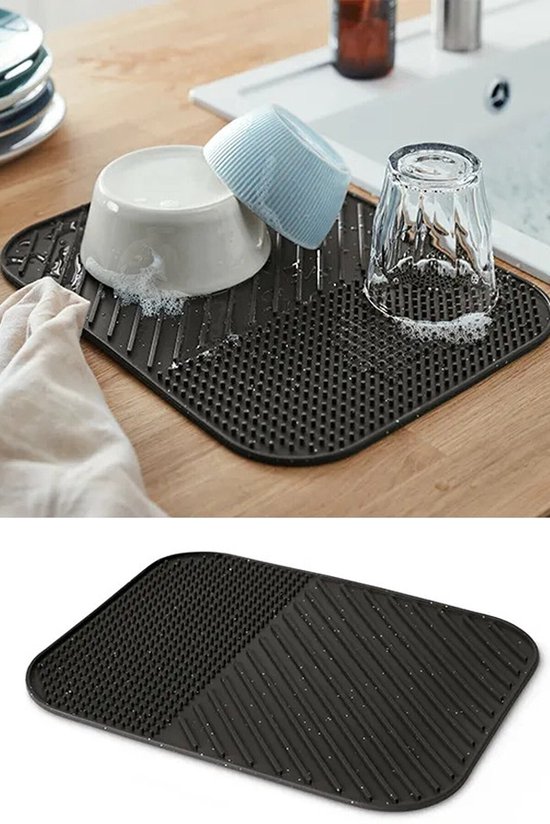 Afdruipmat met GRATIS Afwasborstel – Droogmat – Afdruipmat Siliconen – BPA Vrij – Afdruipmat voor Afwas – Zwart