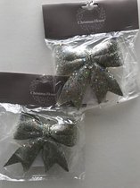2 Zilveren glitter strikken aan lus kersthanger set van 2 ornamenten 12cm