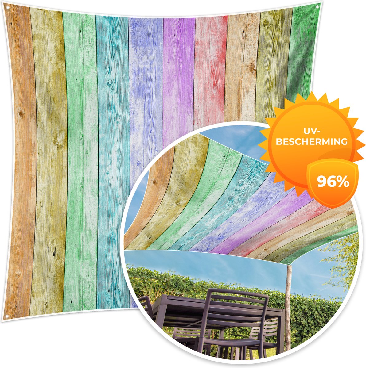 MuchoWow® - Schaduwdoek - Regenboog - Plank - Verf - 96% UV-bestendig - Hoogwaardig polyester - Zonnedoek - Weerbestendig - Tuin - Tarp - 300x300 cm