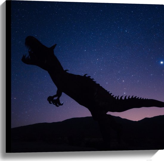 WallClassics - Canvas  - Silhouette van een Dinosaurus in de Nacht - 60x60 cm Foto op Canvas Schilderij (Wanddecoratie op Canvas)