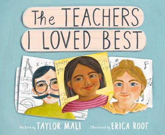 Titel: The Teachers I Loved Best. Illustratie van drie leraren met schoolspullen en wiskundige formules.