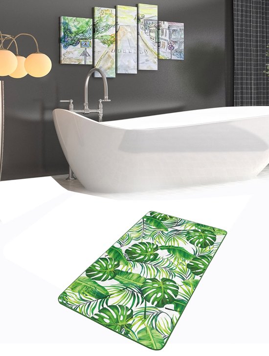 Badmat antislip - Deurmat - 50x80 - Palmbladeren op wit - Wc mat / Toiletmat - De Groen Home