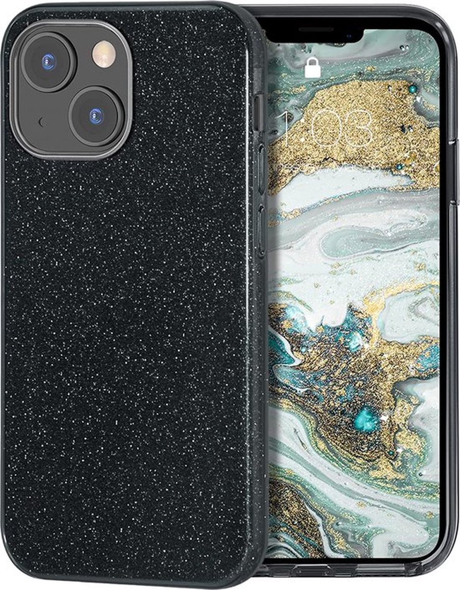 Casemania Hoesje Geschikt voor Apple iPhone 14 - Zwart - Glitter Back Cover