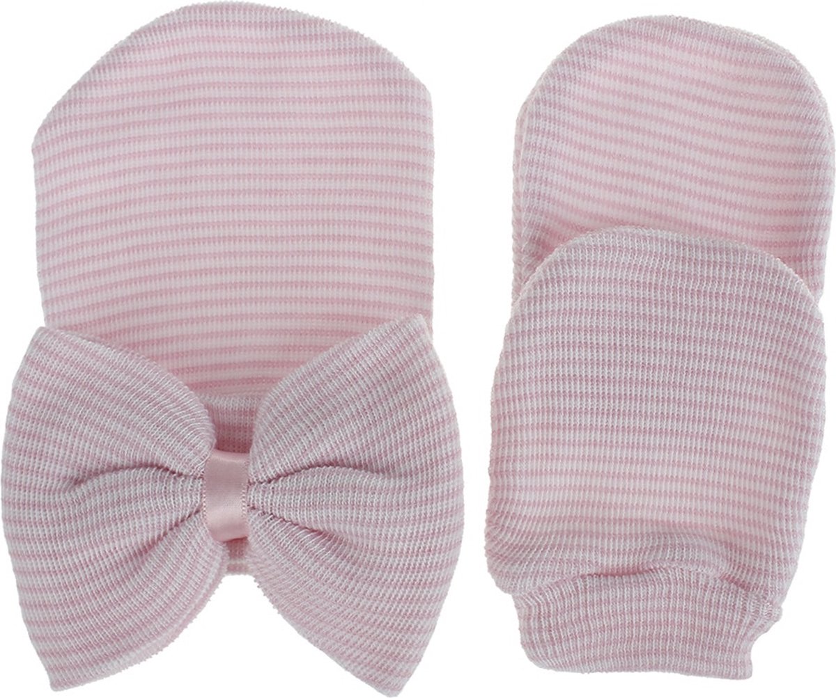 Pasgeboren babymutsje -gestreept- roze-wit -strikje -babyborn muts met handschoenen - meisjes
