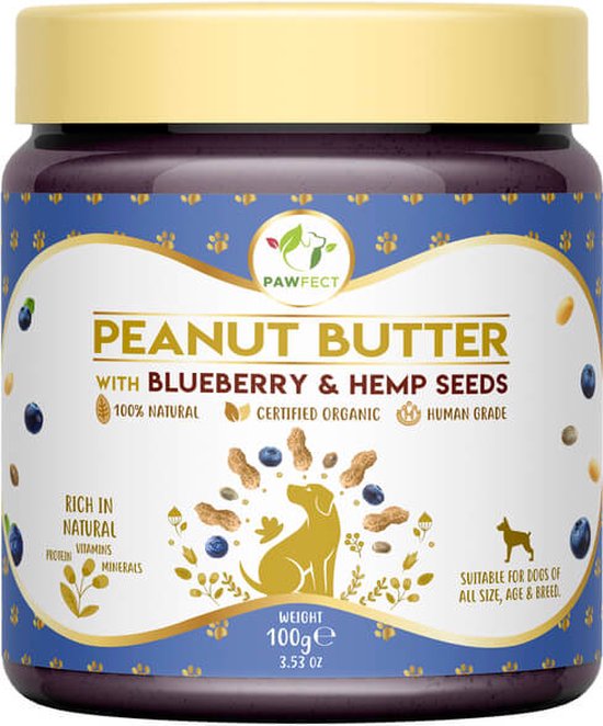 Pawfect Pindakaas voor de hond Blauwe bessen & Hennepzaden 100 gr.