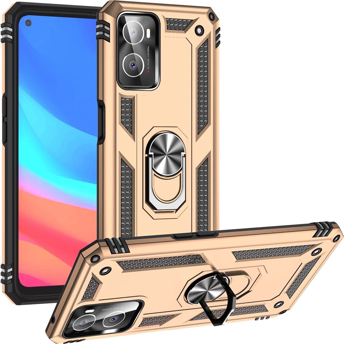 Mobigear Hoesje geschikt voor OPPO A76 Telefoonhoesje Hardcase | Mobigear Armor Ring Backcover Shockproof met Ringhouder | Schokbestendig A76 Telefoonhoesje | Anti Shock Proof - Goud