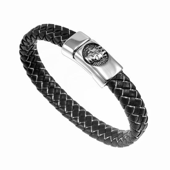 Gevlochten Zwart-Zilver Leren Armband Koning-Schedel