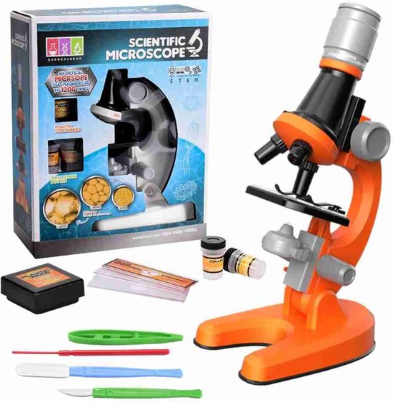 Microscoop Voor Kinderen - Junior Microscoop - Veel Accessoires - Biologisch - Wetenschap - Educatief - Tot X1200 - LED Verlichting - Kinder Speelgoed - Junior - Oranje