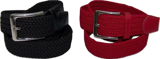 Duopack Zwart Rood - Elastische Comfort Riem - maat 105 - Gevlochten - 100% Elastisch - Nikkelvrije Gesp