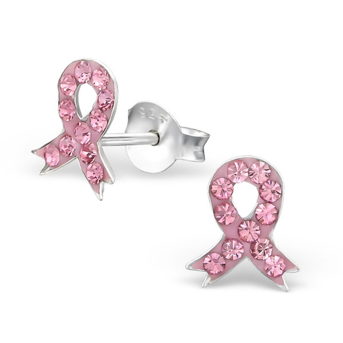 Joy|S - Zilveren lintje oorbellen - roze kristal - Pink Ribbon oorbellen - 7 x 8 mm - oorknoppen - JYC