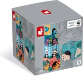 Janod WWF - Stapeltoren Met Houten Dierenfiguren - Mooie Vierkante Kartonnen Toren Voor Uren Speelplezier! - Geschikt Vanaf 1 Jaar