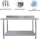 Commerciële Catering Werktafel RVS Horeca - 120 x 60 x 90 cm - Verstelbare Plank + Poten - Inclusief 2 Microvezeldoeken - 10 cm Spatrand