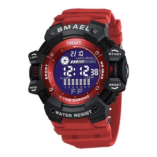 Shock bestendig Heren Horloge Zwart Rood met Zwarte rubber band | Digitaal | Smael | Glow in dark  | Mud Master | 8049 | Leger | Army | Grof | Licht | Rubberen band | Timer | shock Bestendig | Eyecatcher | Master|