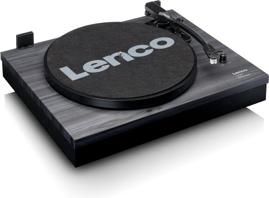 Lenco platenspeler met grijs gemêleerd design en zwarte mat.