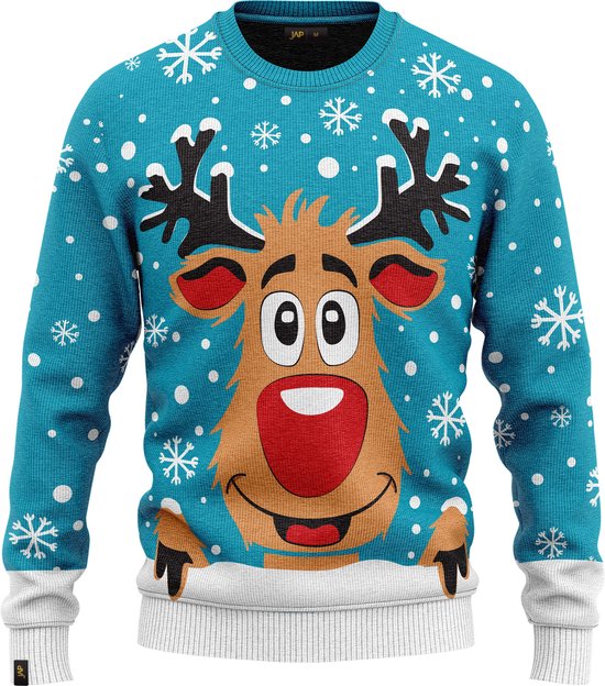 JAP Christmas Kersttrui voor kinderen (maat 110/116) - 100% Gerecycled - Kriebelt niet - Kerstcadeau - Foute Kersttrui jongens en meisjes (5/6 jaar) - Rudolf het Rendier - Licht blauw