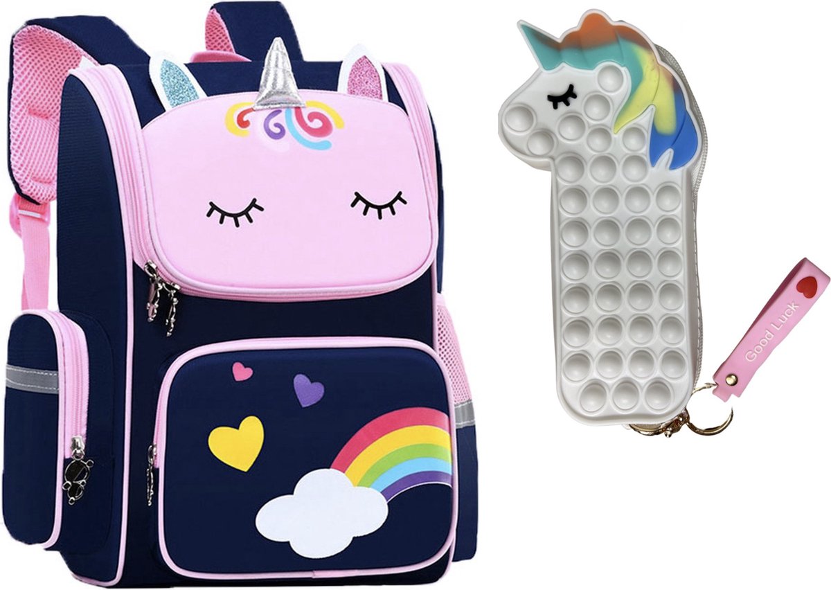 Rugzak meisje - Fidget Toys - Etui voor je pennen - Eenhoorn tas - Unicorn Speelgoed - Schooltas meisje - Kinderrugzak - Rugtas meisje - Blauw - 40 x 27 x 15 cm - Schooltassen