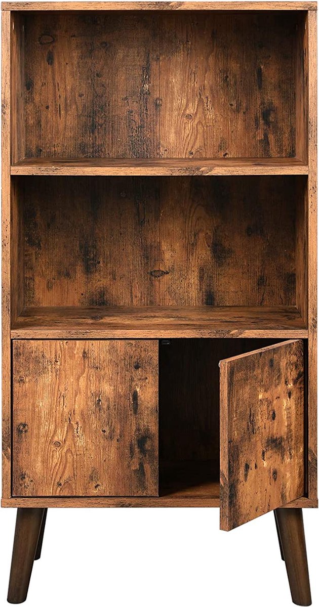 Boekenkast- Boekenkast met 2 planken en kastdeuren- Woonkamerkast- Retro meubilair voor woonkamer- Foyer- Kantoor- Opslag voor boeken- Foto's- Decoratie, Houtlook