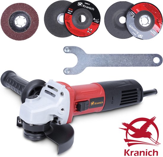 Kranich - Professional Haakse Slijpmachine - 850W - haakse slijpers 125 mm - incl. softgrip en verstelbare zijhandgreep - mit gereedschapskoffer en 6 accessoires (slijpschijf 115mm)