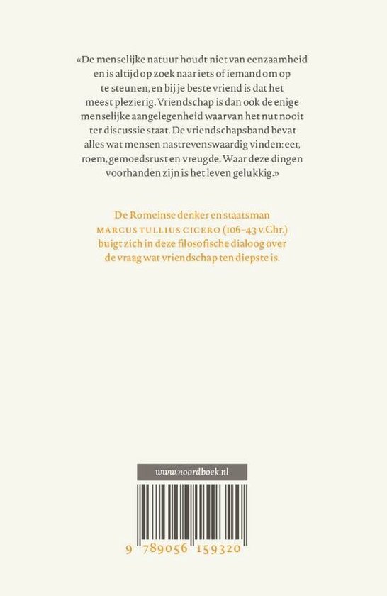 Achterkant boek 'Vriendschap' met citaat van Marcus Tullius Cicero over vriendschap. ISBN 9789056159320.