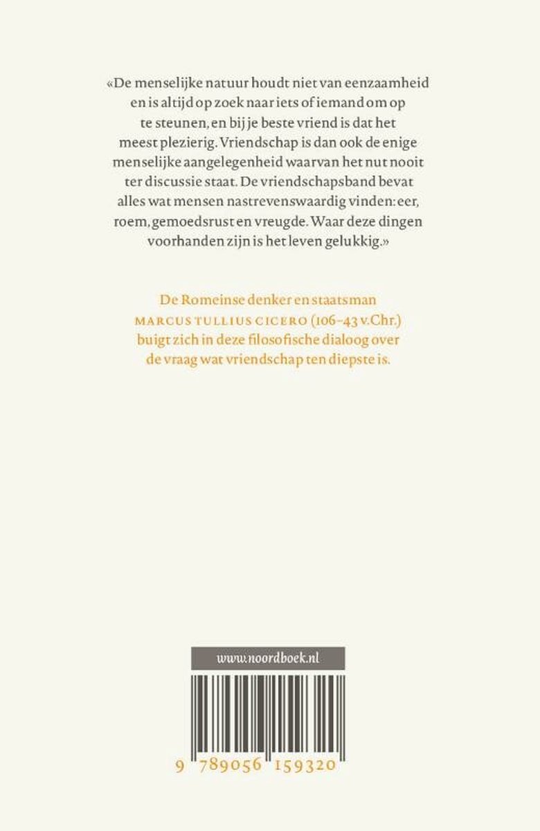 Achterkant boek 'Vriendschap' met citaat van Marcus Tullius Cicero over vriendschap. ISBN 9789056159320.