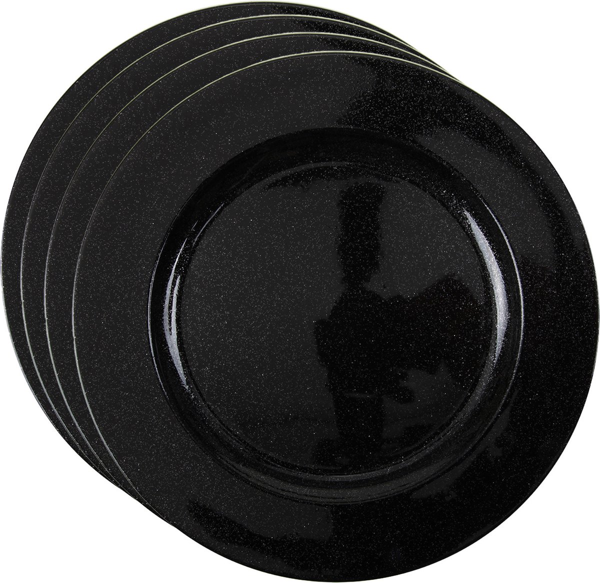 Kerst onderborden - D33 cm - zwart glitter - set 4x stuks - rond - kunststof