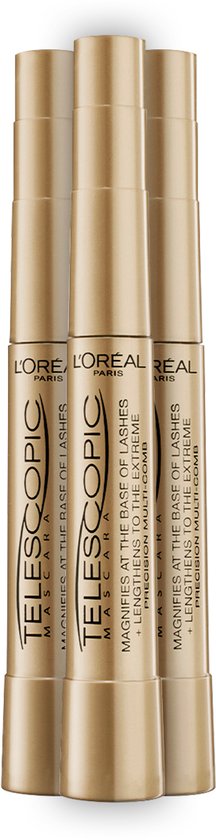 Drie gouden tubes L'Oréal Telescopic mascara naast elkaar.