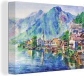 Canvas - Schilderij - Dorp - Bergen - Meer - Olieverf - 80x60 cm - Schilderijen op canvas