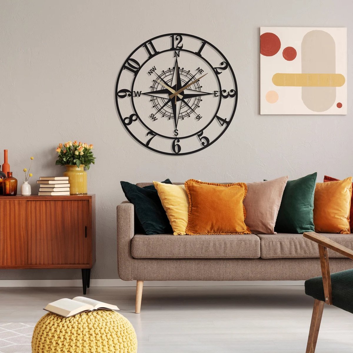 Metalen Wandklok Kompas – Industriële Wanddecoratie – Zwart – Kompas Design 70cm