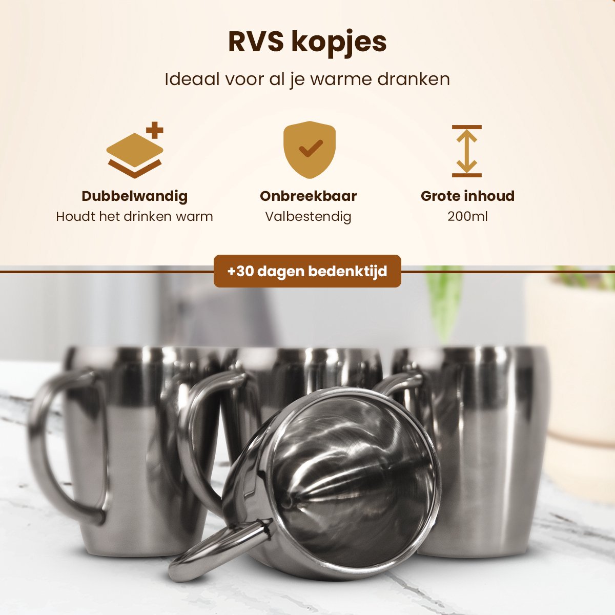 2x Kopje RVS Dubbelwandig - Koffiekopje - Koffie Beker - 200ml - Rvs Beker  - Rvs Mok -... | bol.com