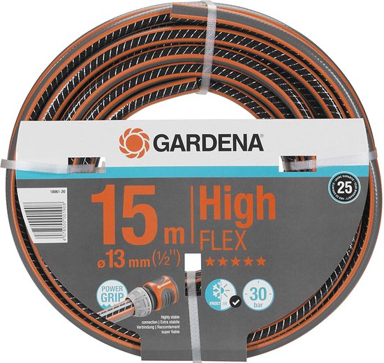 GARDENA HighFLEX tuinslang, 13 mm x 15 m, met oranje en zilverkleurige strepen, Power Grip en 30 bar druk.