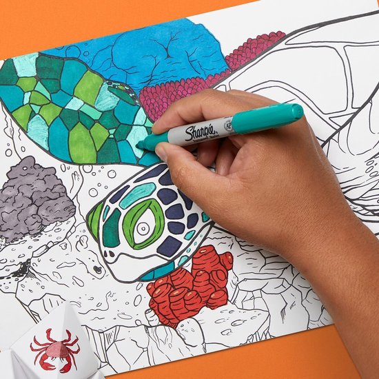 Hand kleurt een zeeschildpad met een groene Sharpie stift. "AP" symbool zichtbaar op de stift.