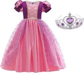 Prinsessen jurk donker paars roze Deluxe verkleedjurk Luxe 140 -146 (150) + kroon verkleedkleding