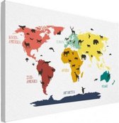 Wereldkaart Dieren Per Continent Kleuren - Canvas 80x60