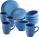 Set 26 stuks servies in blauwe kleur, in servies - 18-kamer servies - 6 Diensten effen gerecht, diepe plaat en dessertplaat, 4 ontbijt kommen en 4 mokken mokken