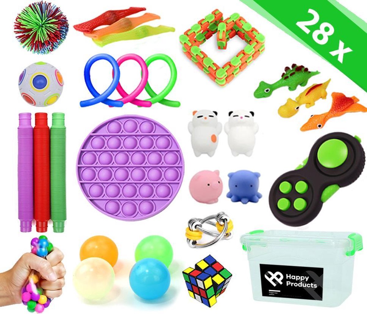Fidget toys pakket - 28 stuks fidgets inclusief pop it - sticky balls - simple dimple - globbles - squishy dieren - mochi squishies - sinterklaas cadeautjes - Happy products