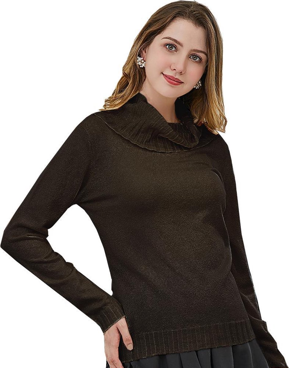 Manlee - m.l. Fijngebreide trui met wijde col en lange mouwen - Relaxed fit - Chocola - Maat: S
